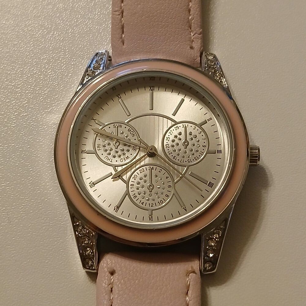 Women's Watch Pink Buckle Band Silver Tone Round Dial Rhinestone Accent